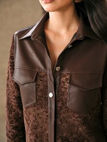 Anewsta Women's Autumn/Winter PU Contrast Lace Blouse - Brown - View 2