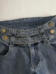 Jeanoix Petite Y2K Women's Petite Streetwear Retro Mid-Blue Denim Flare Jeans, All Season - Dark Wash - View 4