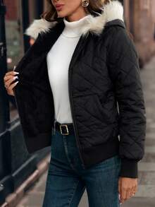 SHEIN Clasi Hooded Padded Fleece Lined Padded Coat, Comfortable And Warm, Winter Coat - Black - View 9