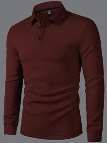 Calvornis 1pc Men Solid Color Plain Front Button Long Sleeve Simple Collar Polo Formal Shirt, Casual Everyday Wear, For Work, For Husband, For Fall, Ceremony - Burgundy - View 5