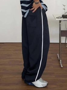 DAZY Spring/Autumn Navy Blue Color-Block Contrast Tape Design Loose Straight Leg Men's Pants - Navy Blue - View 4