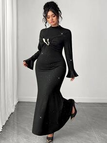 Elenzga Plus Size Knit Fabric Semi-High Neck Metal Decor Ruched Flare Long Sleeve Fitted Mermaid Midi Dress, Autumn/Winter Fashion Vintage Elegant Date Party - Black - View 1