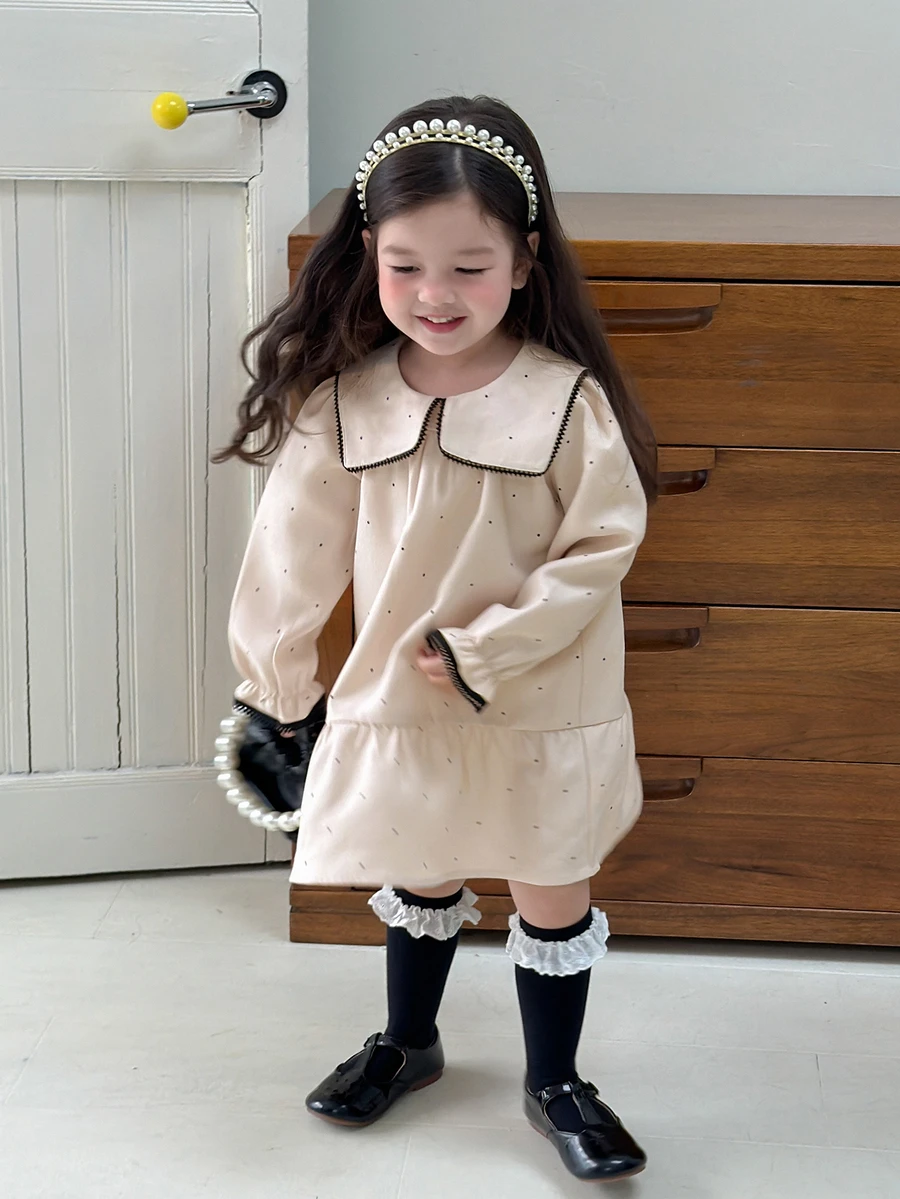 DAZY Infant/Toddler (Girl) Solid Color Long Sleeve Dress With Collar - White - View 1