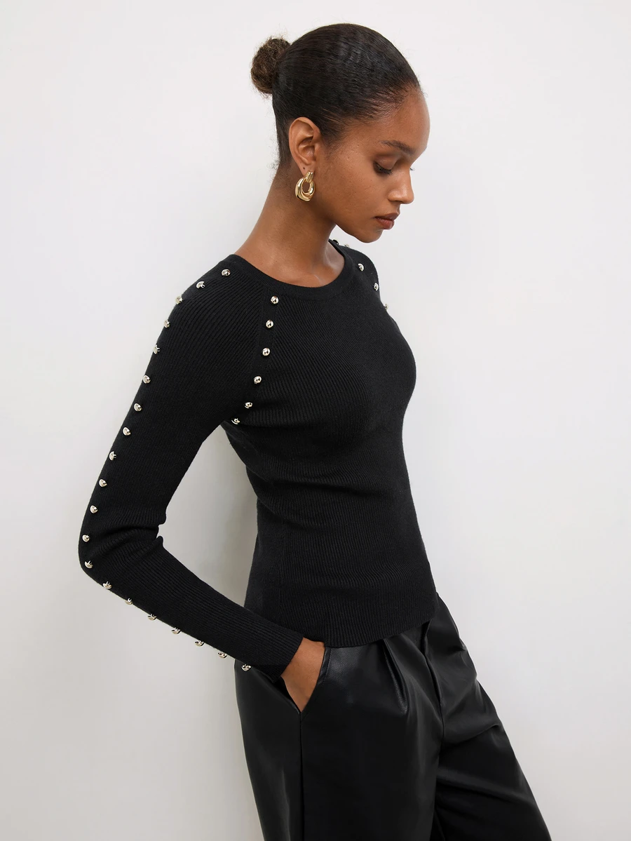 Maija Black Autumn Women's Fitted Knit Top With Metal Disc Decor - Black - View 1