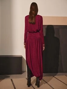 MOTF PREMIUM FASHIONABLE ASYMMETRIC HEMLINE FLARED DESIGN KNITTED TEXTURE AUTUMN/WINTER LONG DRESS - Burgundy - View 3