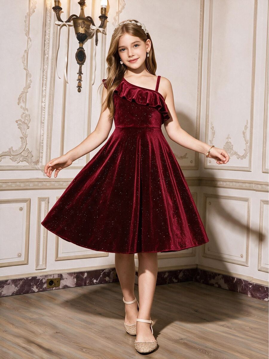 SHEIN Girls' Fashion Party Birthday Formal Wedding Elegant Evening Dress Graduation Prom Dinner Cocktail Vacation Silky Winter - Burgundy - View 1