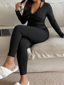 Dazy Plus Elegant Contrast Lace Fitted Top & Pants 2-Piece Set, Home Wear, Autumn/Winter Pajama Set - Black - View 7