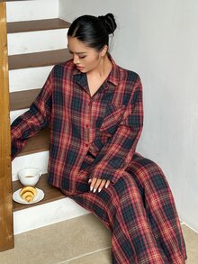 Dazy Plus Plaid Loose Red Christmas New Year Home Wear Long Pants 2-Piece Pajama Set - Red - View 9