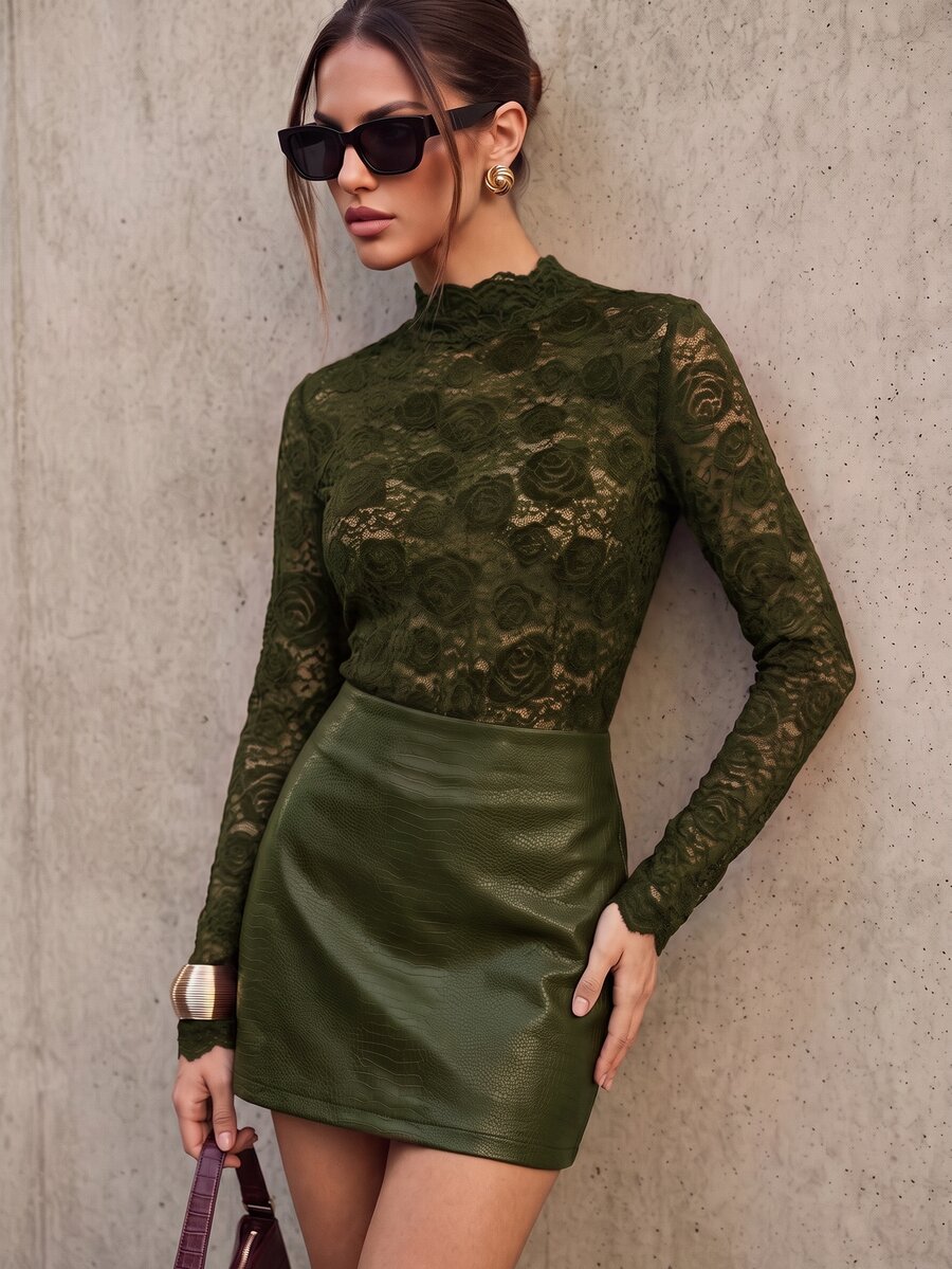 Anewsta Women's High-End Hollow Rose Lace Wavy Edge Apricot Base Layer Top,Work Office Wear,Mid-High Neck Fitted Slim,Winter, Fall,Festival,Party,Wedding,Chic - Olive Green - View 1