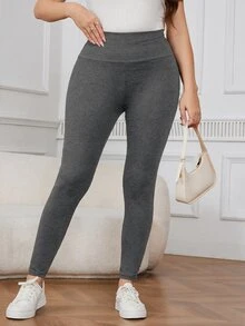 SHEIN LUNE 大尺碼女款休閒極簡純色高腰內搭褲 - 深灰色 - 查看 3