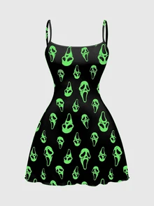 ROMWE Goth 女款全印花休閒日常夏季迷你細肩帶洋裝 - 黑色 - 查看 1