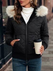 SHEIN Clasi Hooded Padded Fleece Lined Padded Coat, Comfortable And Warm, Winter Coat - Black - View 8