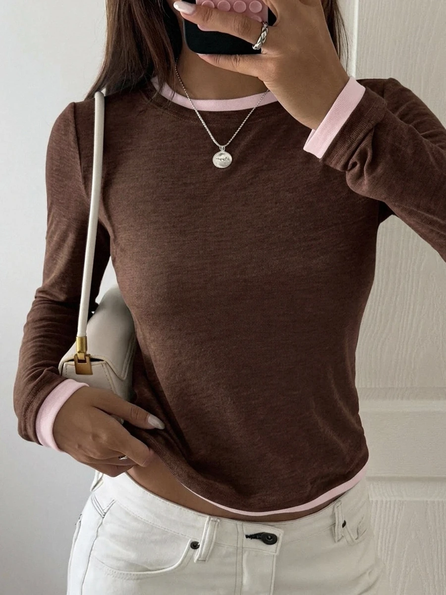 DAZY Women's Patchwork Contrast Color 2 In 1 Crew Neck Long Sleeve Casual Streetwear Vacation Spring Autumn Base Layer T-Shirt - Mocha Brown - View 1
