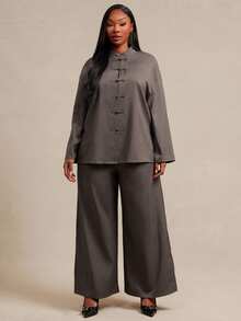 SHEIN SXY Brown Chinese Style Long Sleeve Frog Button Shirt And Pants 2 Pieces Set Fall - Brown - View 8