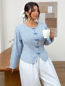Lounesse Blus Elegan Bergaris Kancing Depan untuk Wanita Ukuran Besar - Biru - View 1