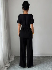 Selianne Ladies' Summer Commuter Set, Waist Cinching Button-Up Top + Elastic Waist Wide-Leg Pants, Commuter Office Green Belt Pocket Two Pieces Set - Black - View 2