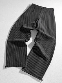 ROMWE MEN Essentials Men's Dark Striped Pleated Waist Tie Wide Leg Loose Pants - Navy Blue - View 3