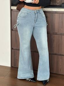 Dazy Plus Elastic Skinny Sexy Elegant Side Tie Design Flare Long Denim Jeans Spring Autumn New Style - Light Wash - View 5