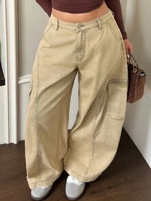 Dazy Plus Vintage Washed Denim Side Pocket Heavy-Duty Curved Leg Jeans, Blogger Casual Streetwear All-Season Style - Khaki - View 5