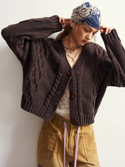 Bohemela Suéter casual de manga larga con botones y punto de cable vintage retro para mujer, marrón oscuro, para uso diario y viajes en otoño