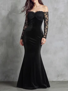Penseblé Women's Autumn/Winter Fashion Elegant Off-Shoulder Lace & Velvet Patchwork Cinched Waist Mermaid Hem Long Dress, Suitable For Banquets, Dates And Parties - Black - View 4