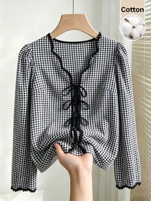 Muvela Women's Plaid Front Tie Puff Long Sleeve Casual Shirt - Black and White - View 4
