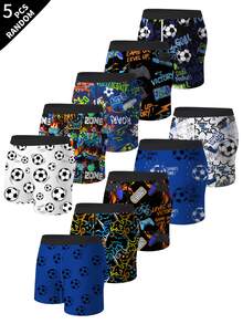 5 Random Boys Boxer Briefs, Multiple Game Console And Soccer Pattern Prints, Soft Skin-Friendly Fabric, Suitable For Older Boys - Grey - View 1