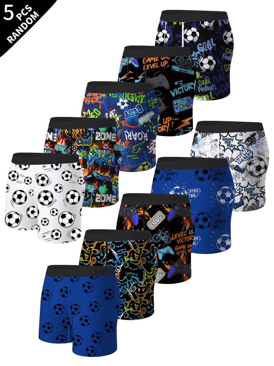 5 Random Boys Boxer Briefs, Multiple Game Console And Soccer Pattern Prints, Soft Skin-Friendly Fabric, Suitable For Older Boys - Grey - View 1