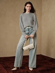 Anewsta Elegant Commuter Gray Vertical Ribbed Knit Sweater For Women, Round Neck Slim Fit Lantern Sleeve Pearl Button Wavy Hem Long Sleeve Pullover Top - Grey - View 5