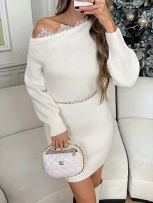Easowa Women's Lace Patchwork Asymmetrical Shoulder Casual Daily Knit Dress - White - View 1
