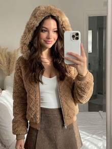 Cévolie Women's Elegant Autumn/Winter Commuter Coat With Double-Sided Fleece Jacquard Fabric And Fur Trim - Brown - View 1