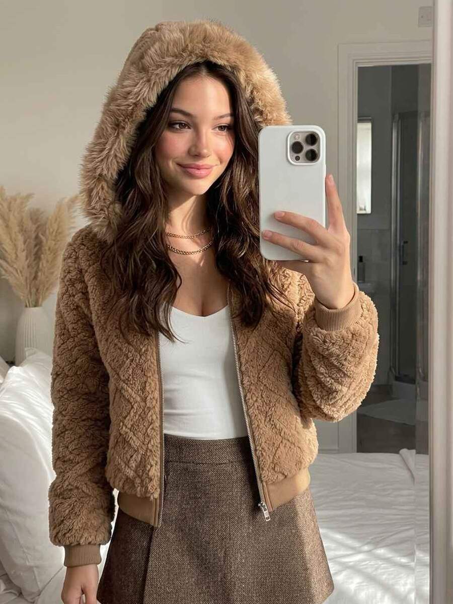 Cévolie Women's Elegant Autumn/Winter Commuter Coat With Double-Sided Fleece Jacquard Fabric And Fur Trim - Brown - View 1
