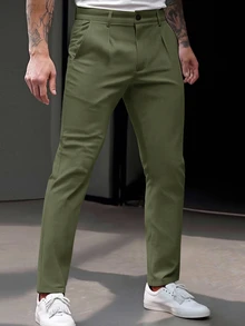 Manfinity Mode 大尺碼男士修身黑色西裝長褲，正式款 - 軍綠色 - 查看 2