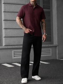 Manfinity CasualCool 男士休閒純色棕色短袖單排扣襯衫，街頭風，夏季 - 酒紅色 - 查看 7