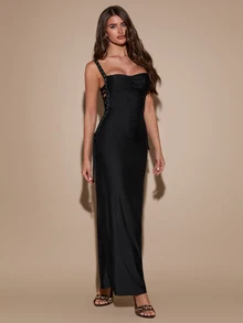 SHEIN BAE Spring/Autumn Black Satin Spaghetti Strap Long Dress, Ruched Chest, Side Tie Hollow Out, Slim Fit Bodycon Evening Gown, Suitable For Party, Date, Nightclub - Black - View 5