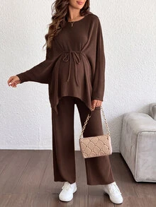 SHEIN 孕婦羅紋前綁帶長袖上衣與可調腰圍長褲兩件套 - 咖啡棕 - 查看 3