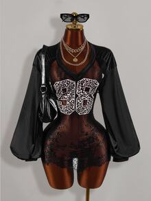 Amplova Lace Fitted Bodycon Fully Sheer Digital Sports Sexy #98 Number Leopard Print Satin Lace Patchwork Women's Top - Black - View 1