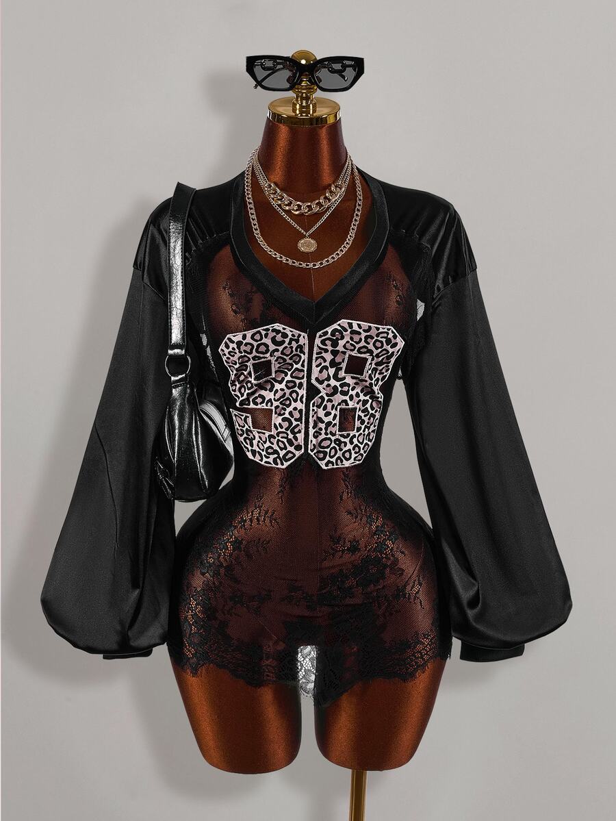 Amplova Lace Fitted Bodycon Fully Sheer Digital Sports Sexy #98 Number Leopard Print Satin Lace Patchwork Women's Top - Black - View 1