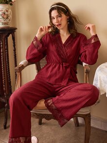 Côtesoire French Romantic Lace Patchwork Tie-Up Women's Pajama Set - Burgundy - View 5
