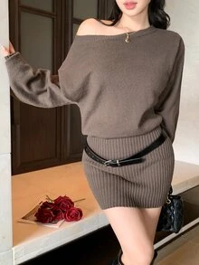 DAZY Women's Solid Color One Shoulder Long Sleeve Fitted Fashion Knit Dress - Brown - View 4