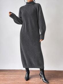 Aalyst Turtleneck Raglan Sleeve Sweater Dress Without Belt Fall Winter Cloth For Women - Dark Grey - View 3