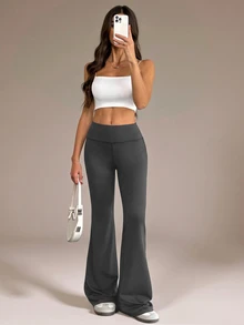 SHEIN Tall 女款素色修身百搭日常穿著喇叭褲 - 深灰色 - 查看 7