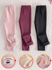 2件組女童秋冬新款櫻桃貼布腰帶保暖內裡磨毛底暖編織高彈力腰部緊身褲 - 深灰色 - 查看 2