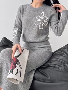 Modelyn Women's Elegant 2 Pieces Set With Applique Faux Pearl Decor Drop Shoulder Long Sleeve Sweater And Knitted Skirt - Grey - View 6