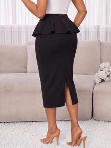 SHEIN Lady Women's Solid Color Patchwork Ruffle Elegant Pencil Skirt - Black - View 2