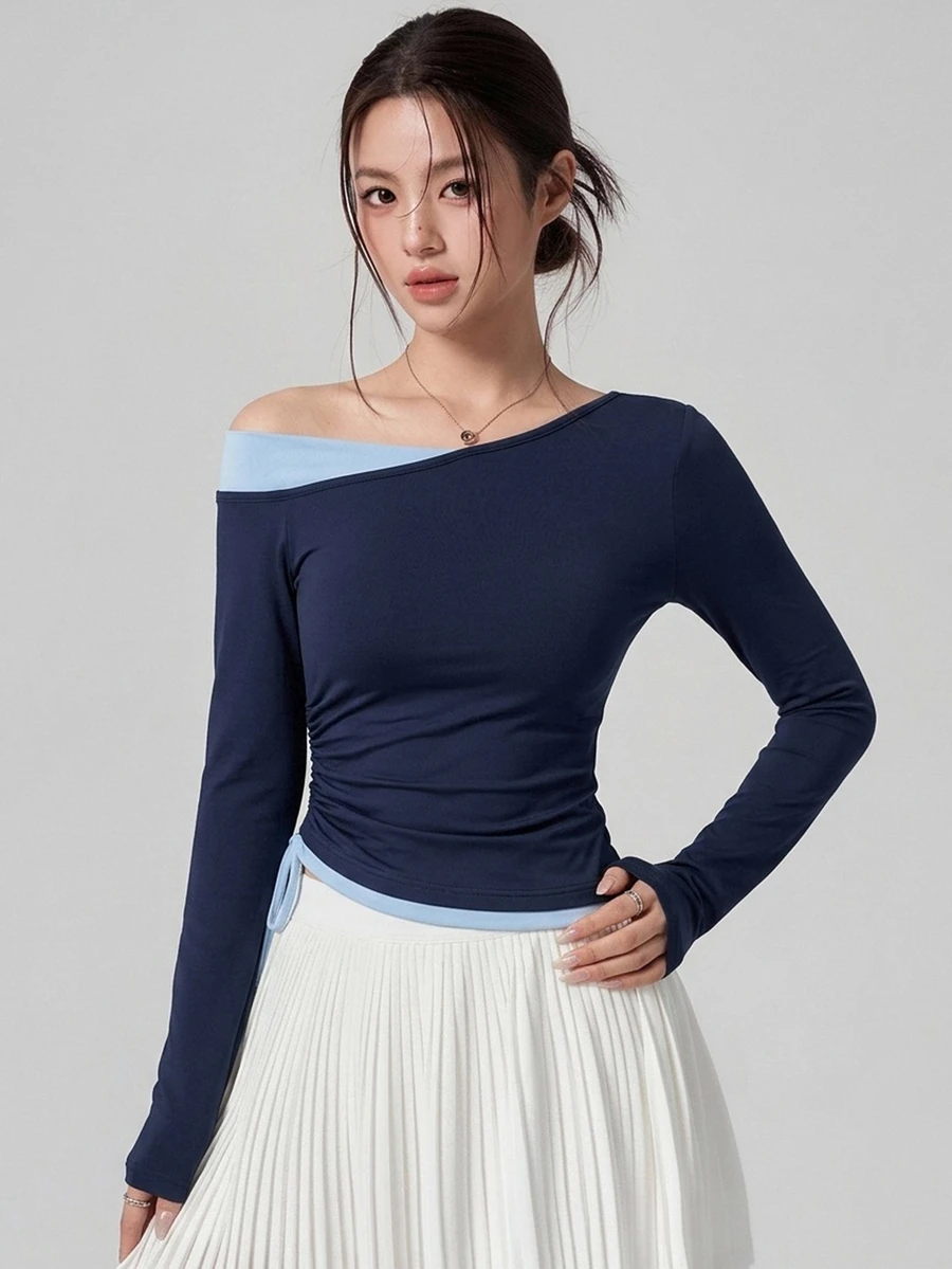 DAZY Women's Colorblock Asymmetric Collar Side Drawstring Casual Fitness Sports T-Shirt - Navy Blue - View 1