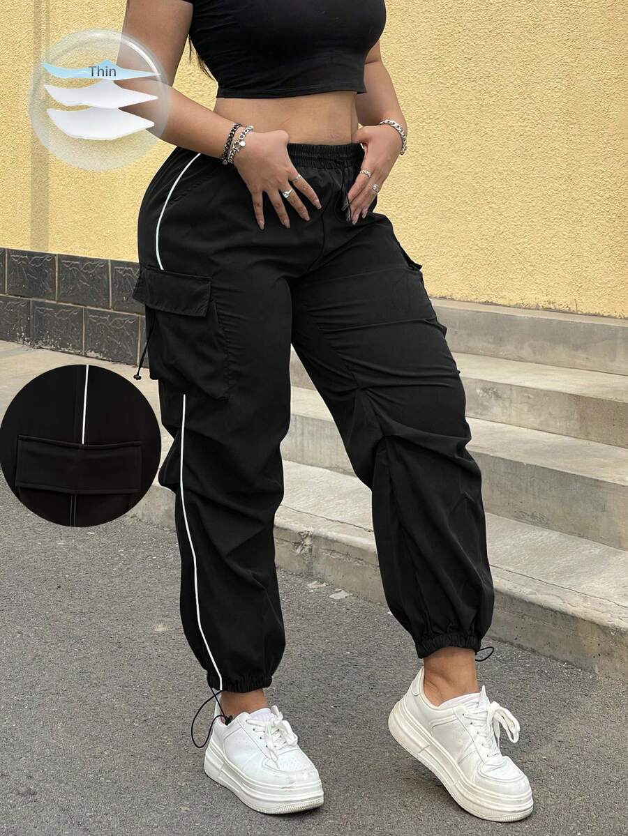 POPSWAY Plus Size Casual Solid Color Multi-Pocket Drawstring Cargo Pants Fall Cloth For Women - Black - View 1