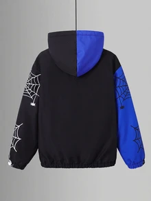 SHEIN 兒童青少年男孩休閒街頭風蜘蛛網蜘蛛印花羊毛內裡加厚連帽夾克外套，黑色藍色，適合秋季、學校、家庭聚會、度假、派對、萬聖節、聖誕節、秋季穿搭、冬季 - 彩色 - 查看 3