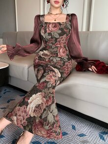 DAZY Women's Jacquard Square Neck Ruffle Cuff Elegant Long Dress - Burgundy - View 3