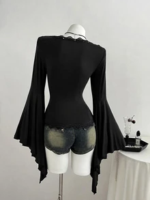 Elamini Women's Solid Color Contrast Lace V-Neck Flared Sleeve Fashion T-Shirt - Black - View 2